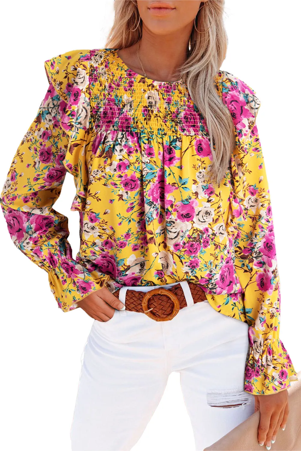 Women Floral Crew Neck Ruffle Sleeve Blouse