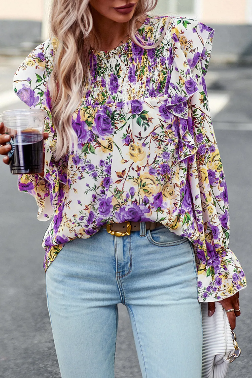 Women Floral Crew Neck Ruffle Sleeve Blouse