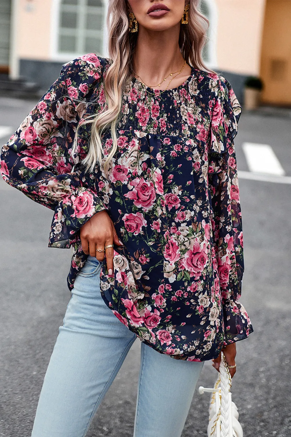 Women Floral Crew Neck Ruffle Sleeve Blouse