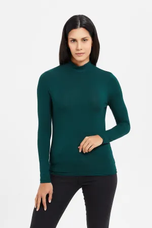 Women Green Long Sleeve High Neck T-Shirt