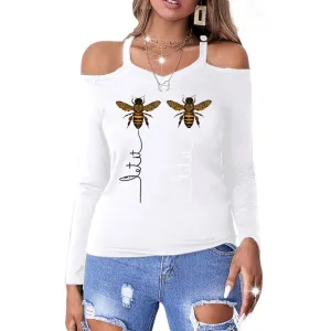 women's Bee print off shoulder long sleeve casual top