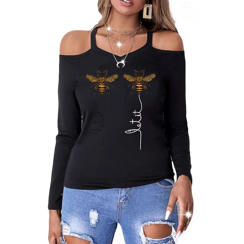 women's Bee print off shoulder long sleeve casual top