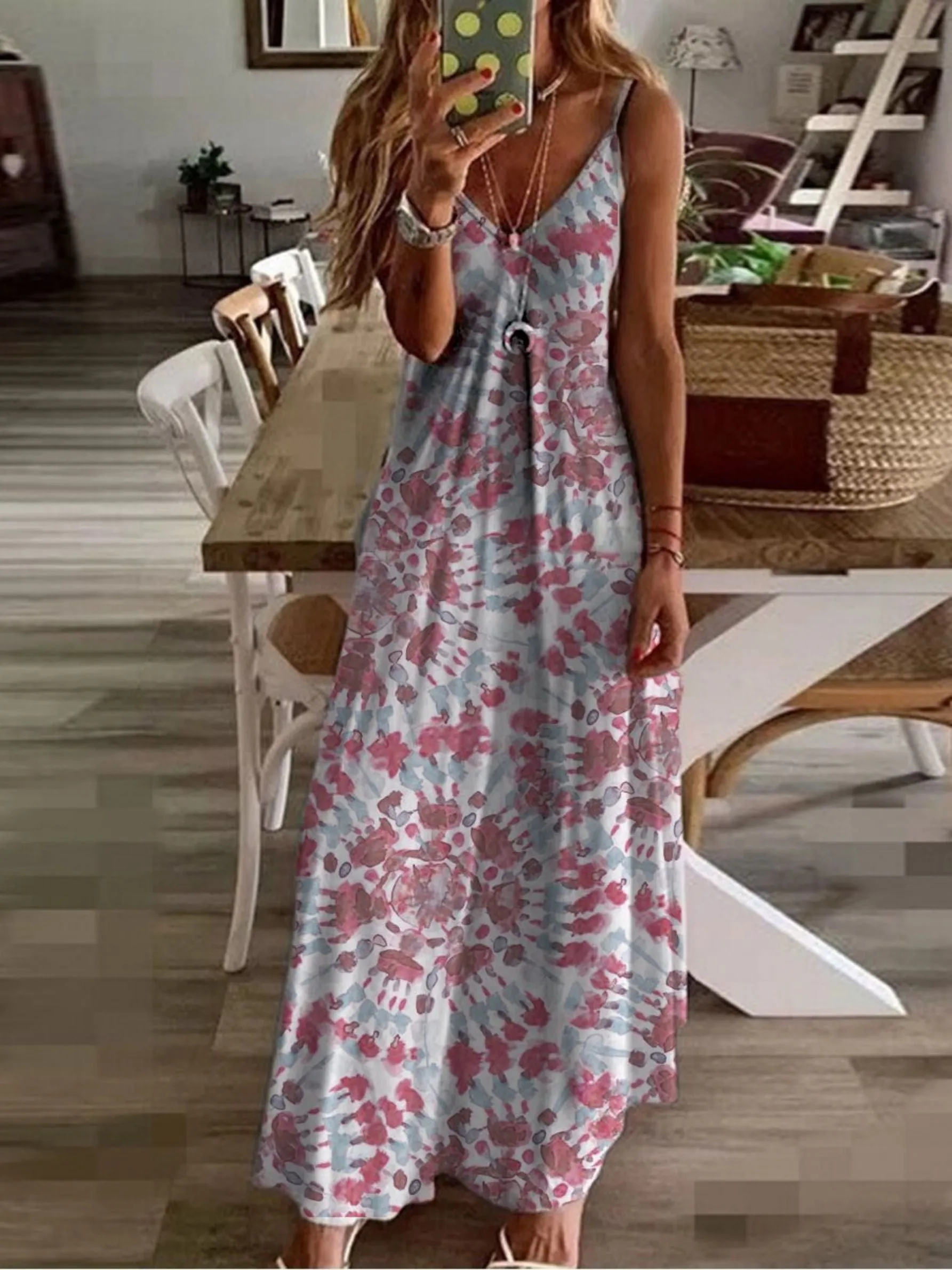 Women's Dresses Print Straps Summer Beach Party Loose Casual Long Dresses