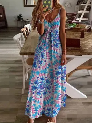 Women's Dresses Print Straps Summer Beach Party Loose Casual Long Dresses