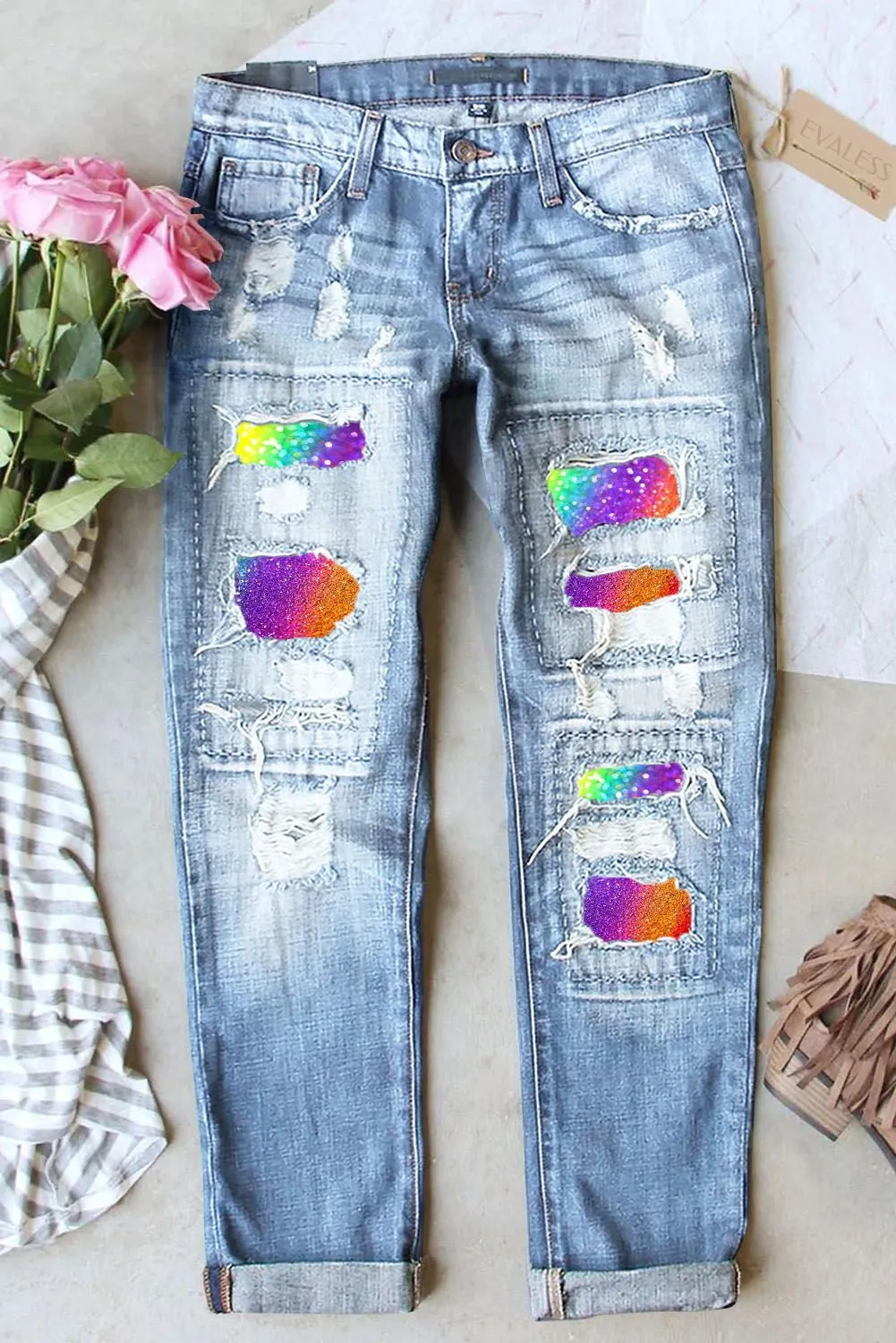 Women's Ombre Patchwork Destroyed Jeans Pride Boyfriend Denim Pants