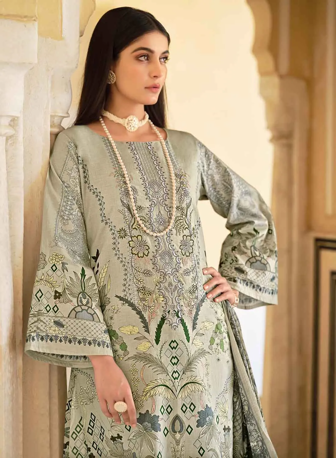 Women's Pakistani Print Unstitched Cotton Suit Material with Embroidery