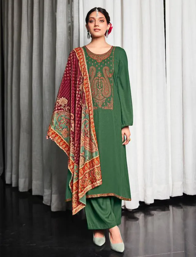 Women's Pashmina Green Unstitched Winter Suit with Velvet Dupatta