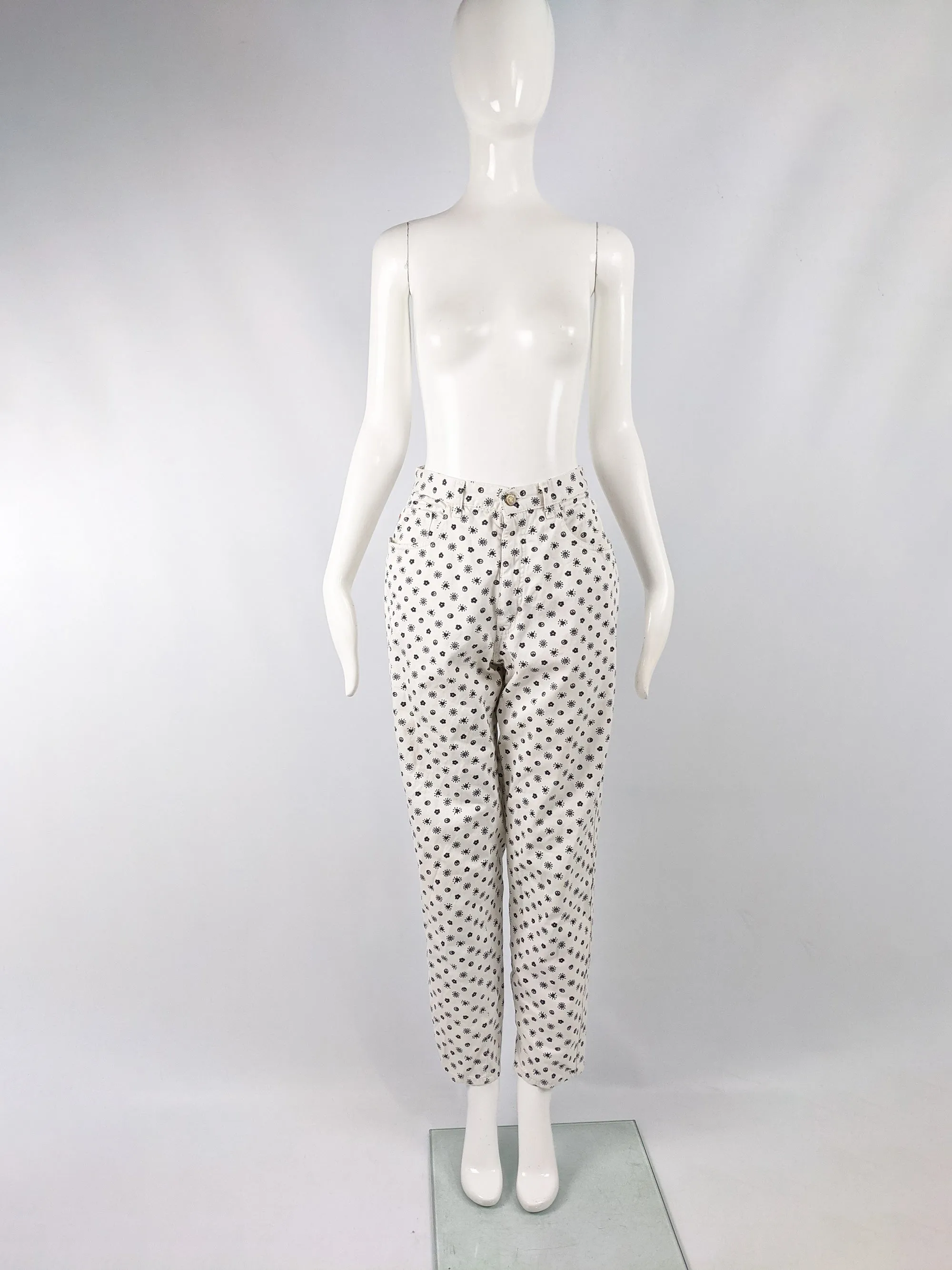 Womens Vintage Yin Yang Print White Mom Jeans, 1990s