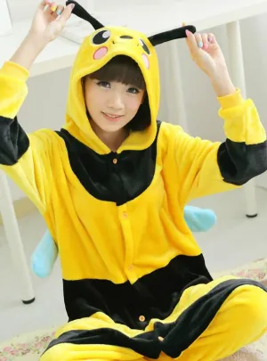 YELLOW FLANNEL YELLOW BEE CARTOON CONJOINED PAJAMAS