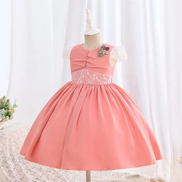 Yoliyolei Plain Child Girl Dress Lace Patchwork Fashion Pleated Short Sleeve Children Dresses For 3 To 9 Years Kids Casual